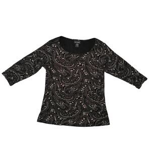 BAY STUDIO Half Sleeve Top M Black Beige Paisley Glitter